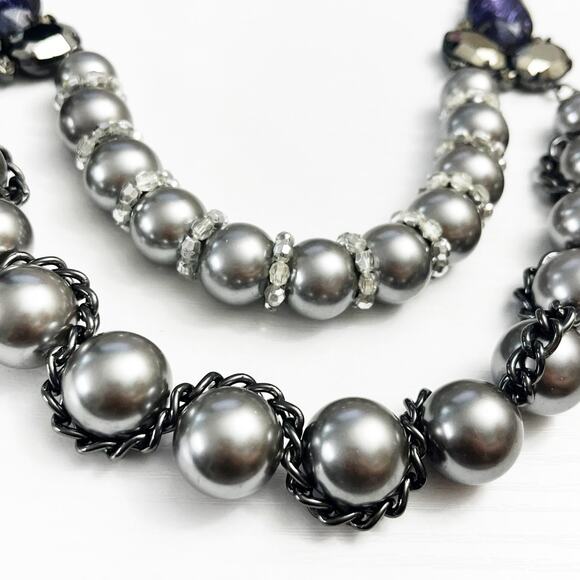 Talbots Chunky Faux Silver Pearl & Chain Purple Stone Statement Necklace - Picture 3 of 8
